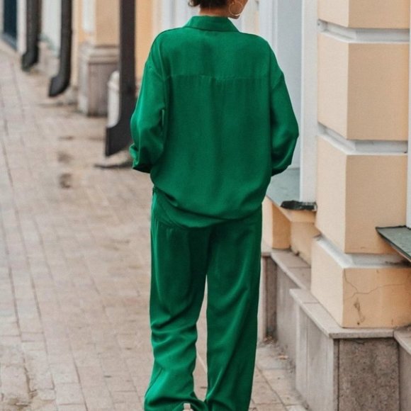 womens satin button down shirt and pant set chic classy trending green - Picture 3 of 5